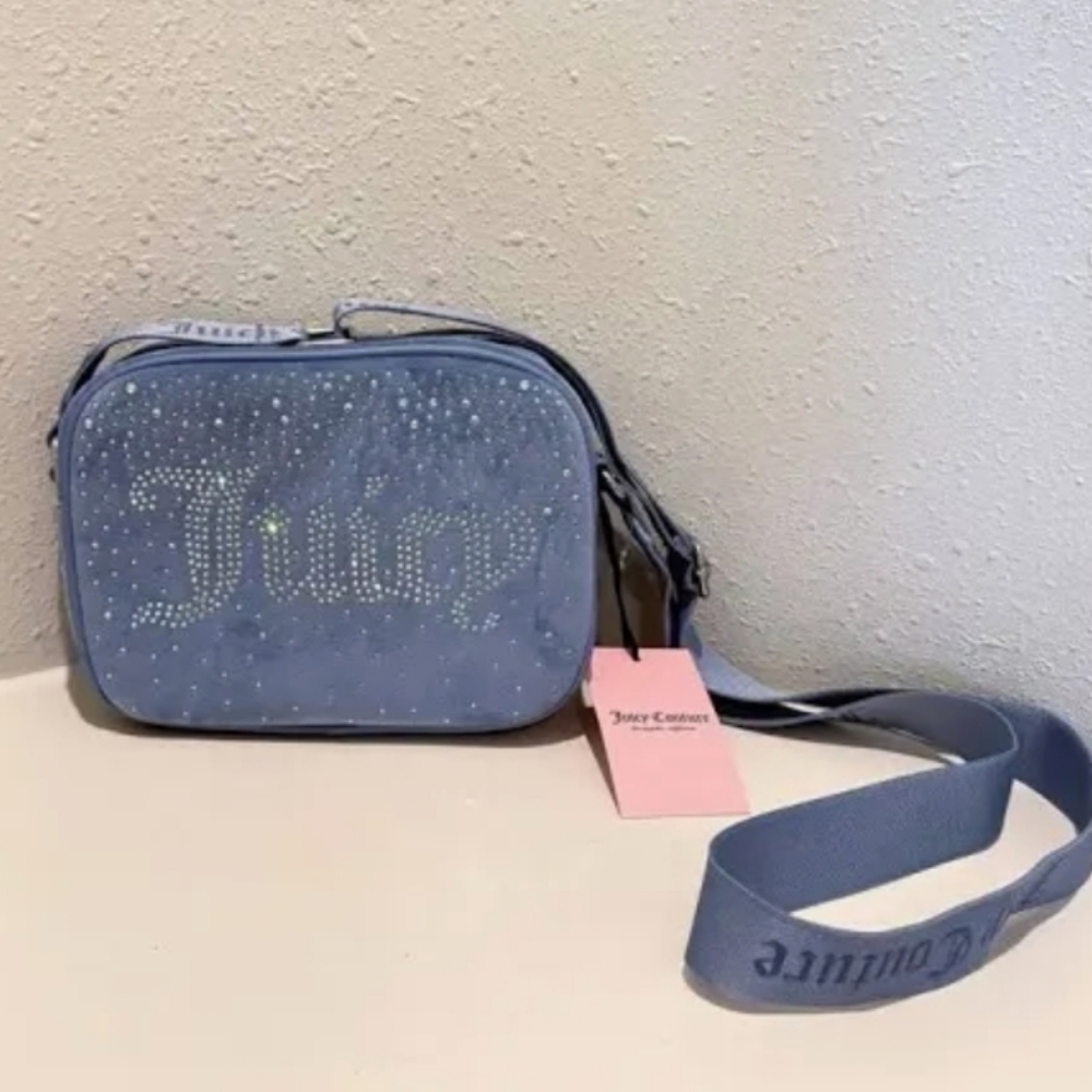 Juicy Couture Let It Shine Velvet Rhinestones Logo Crossbody Bag NWT - Picture 2 of 9